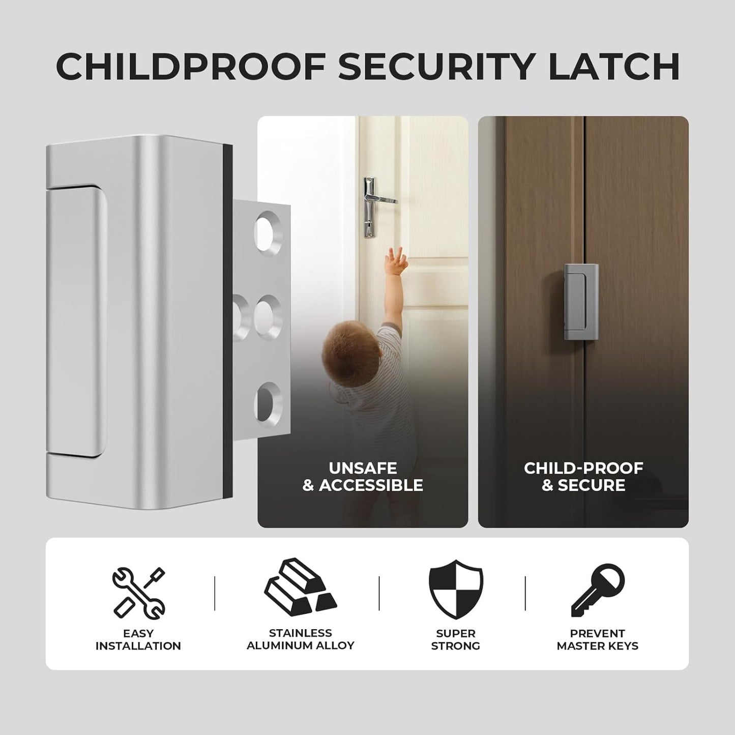5Pack Home Security Door Reinforcement Lock Childproof, Door Locks for Kids Safety, Door Lock Latch Stopper for Front Door Inside Top of Door, Aluminum Construction Finish