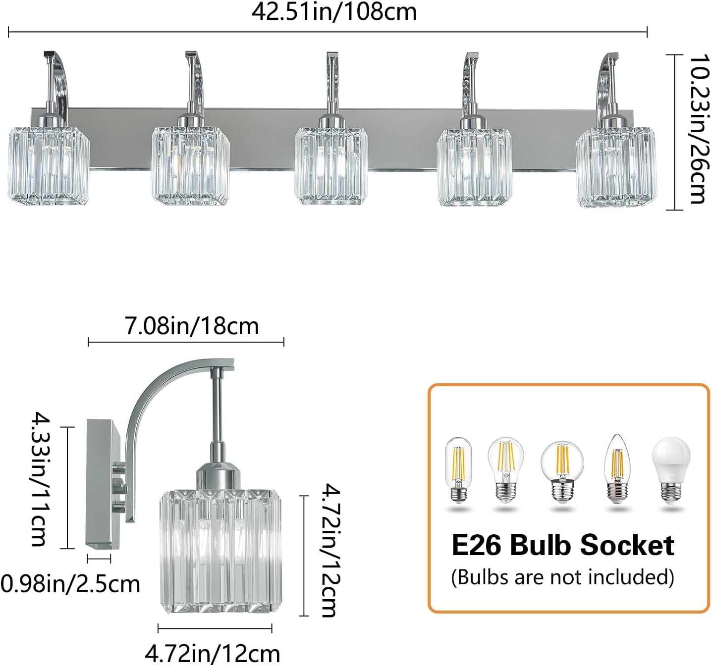 Crystal Vanity Lights 5-Light Chrome Bathroom Vanity Lights Modern Crystal Bathroom Light Fixtures Over Mirror 42.51" Long Vanity Light for Bathroom