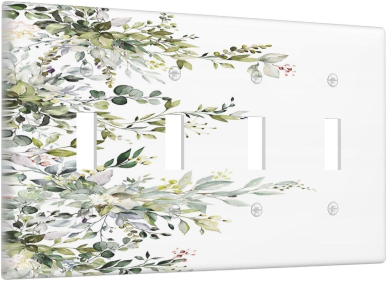 Decorative Light Switch Plate Covers Rustic Eucalyptus Leaves Green Leaf 4 Gang Light Switch Cover Quad Toggle Wall Plate Outlet Covers for Bedroom Home Decor