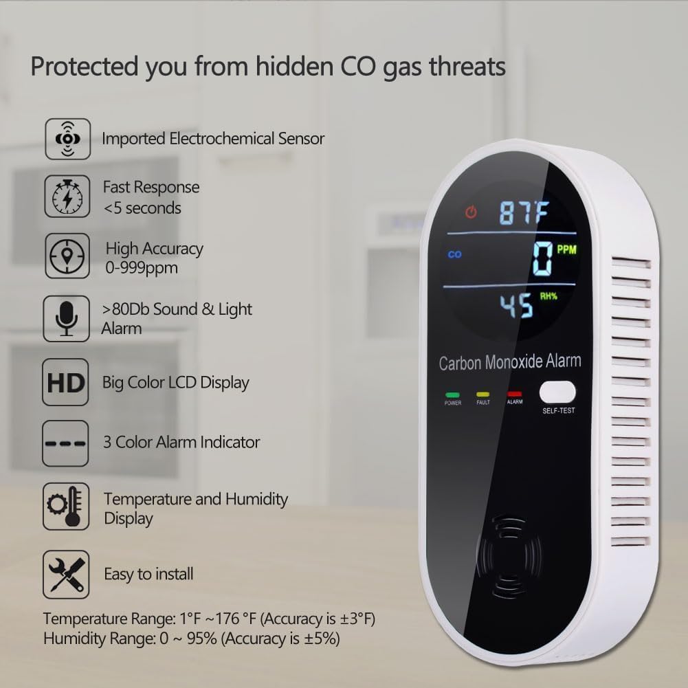 Carbon Monoxide Detector Plug in Wall, WESHLGD Portable Carbon Monoxide Detector for Travel, 3-in-1 CO Detector for Home and Travel Camping(CO Gas Meter Temperature Humidity Sensor), KH106, Black