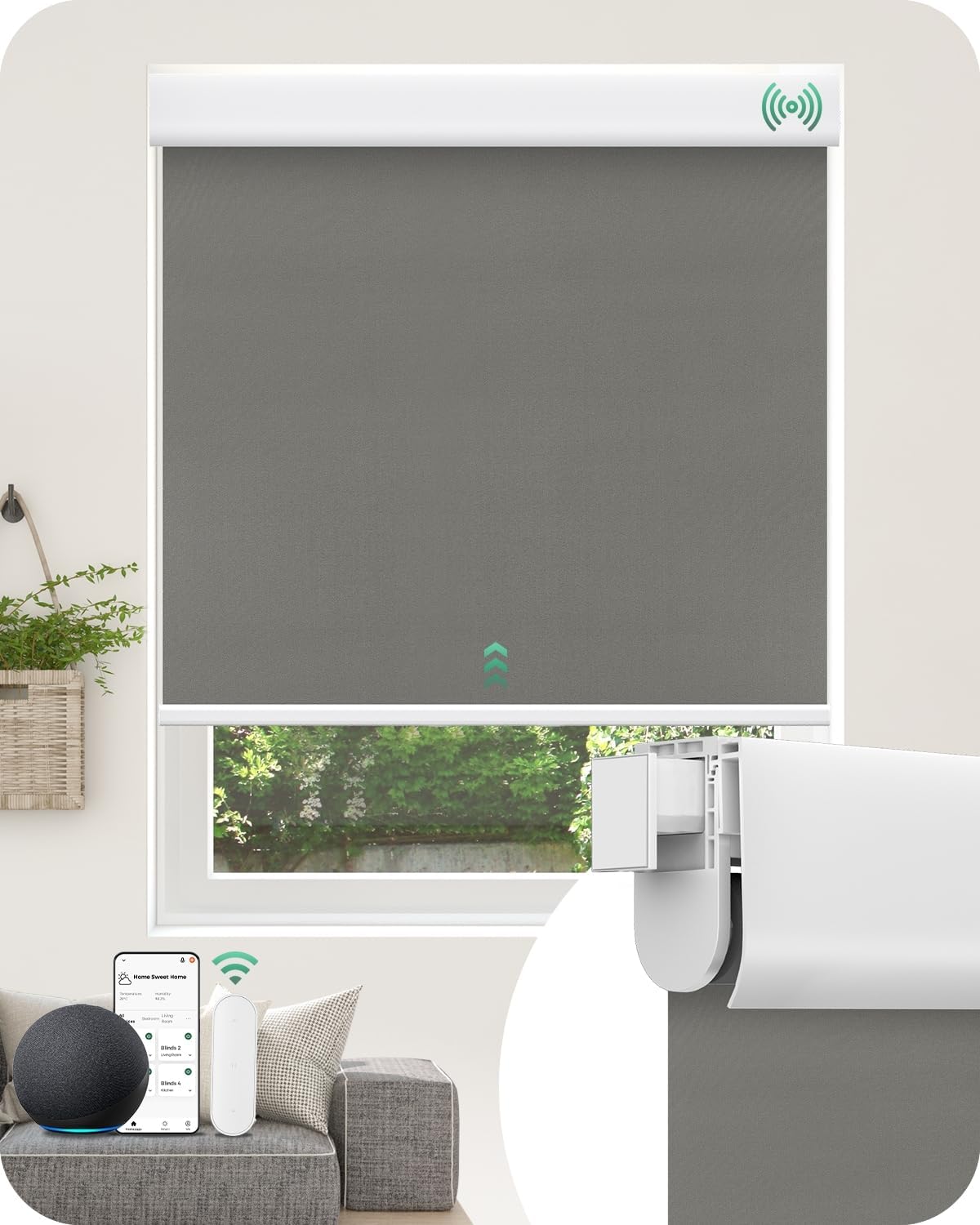 Allesin No Drill Motorized Roller Blinds – Rechargeable Electic Blackout Shades with Cassette Cover, Utral-Quiet Motor, Automatic Blind with Remote for Indoor Windows (Smoky Gray, 28" W x 72" H)