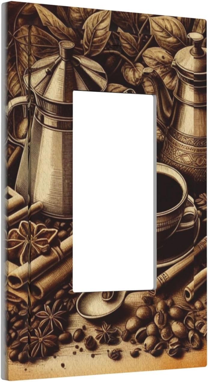 Decorative Outlet Covers Vintage Coffee Beans Leaf Cup 1 Gang Single Decora GFCI Device Light Switch Covers Plate 1 Rocker Wall Plate Jumbo Faceplate for Kitchen Decor