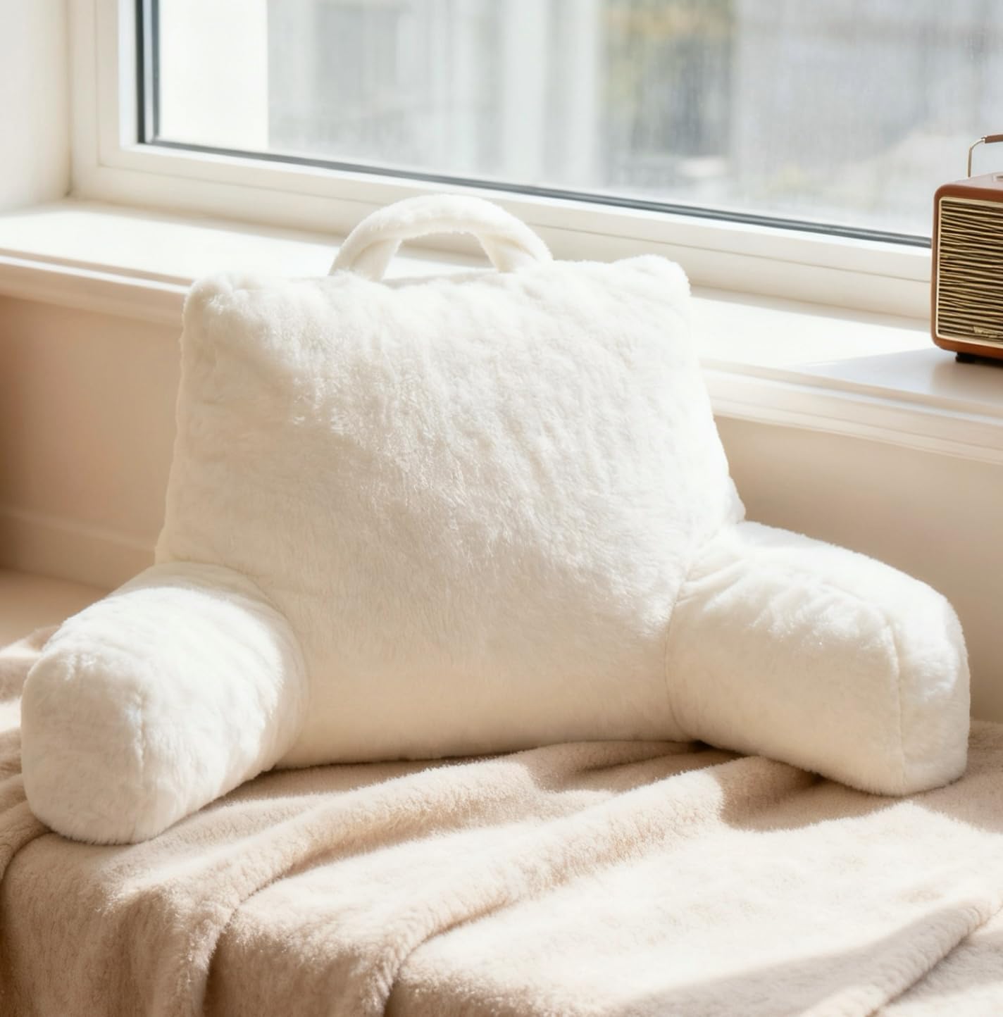 NOONTIDE Reading Pillow for Adults Sitting in Bed:Large Back Pillow with Detachable Neck Roll and Individual Cushion，Cover Washable Sit up Pillow,Watching TV/Gaming/Relaxing(FurryWhite)