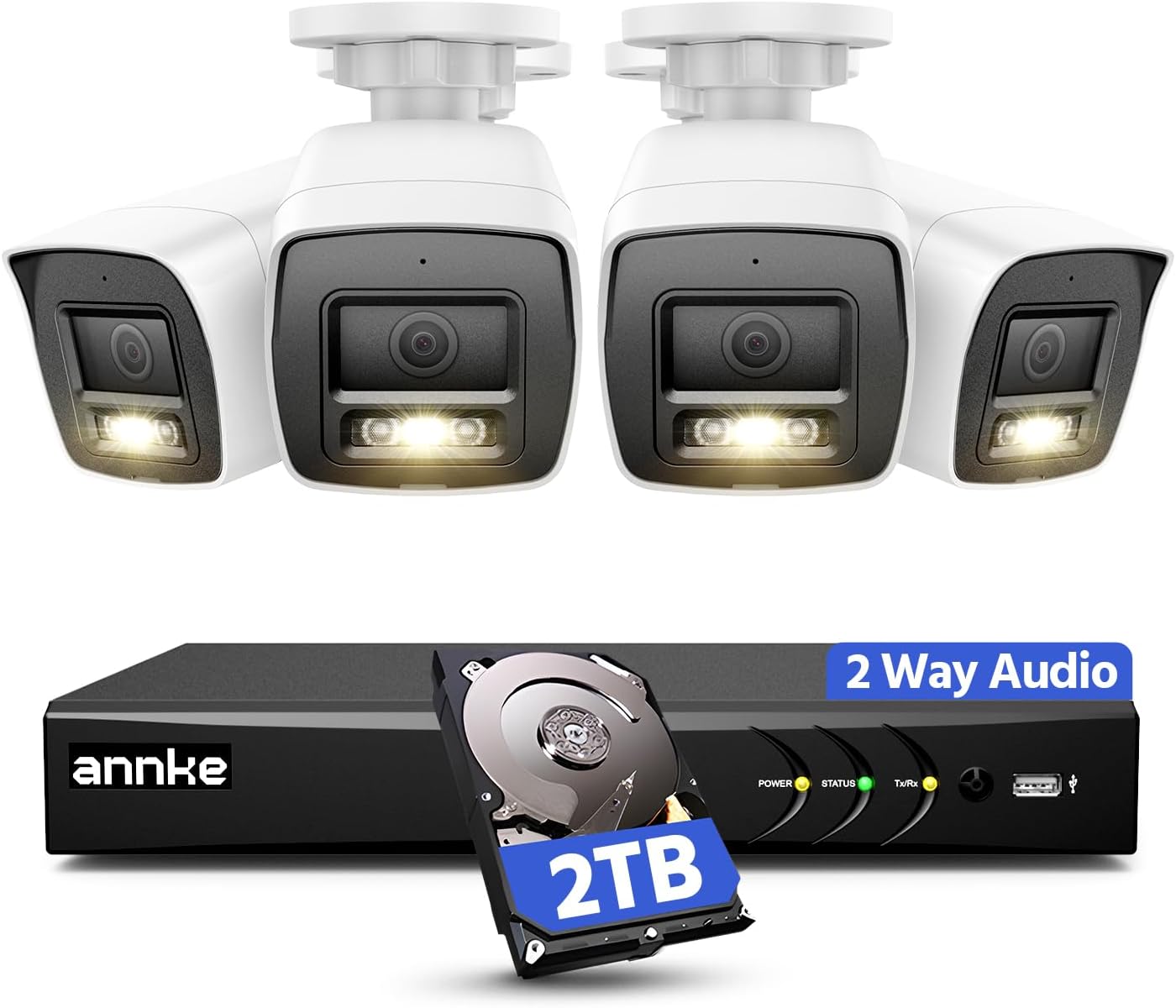ANNKE 2MP Two-Way Audio Security Camera System, 8CH 3K Lite DVR, 4pcs 1080P CCTV White Wired Cams with Color Night Vision, AI Motion Detection, Smart AcuSearch, 2TB HDD for Outdoor Home Surveillance