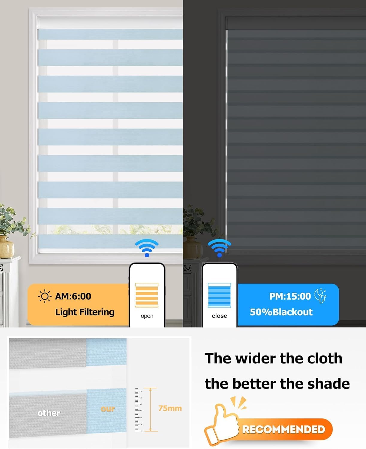 LazBlinds Motorized Zebra Roller Shades, Rechargeable Smart Blinds with Remote Control, Custom Size Light Filtering Dual Layer Roller Sheer Shades, Blue