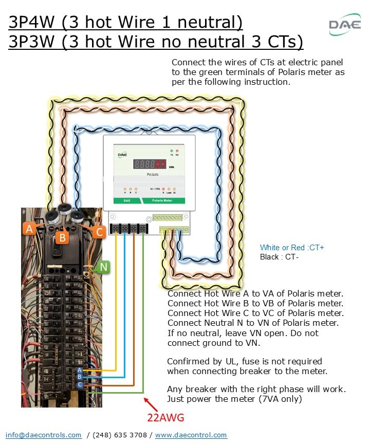 DAE P254-1000 KIT, UL 1000A kWh Meter 3 Phase 120/208V 50/60Hz RS485, 3 Split CTs (2", 2" Inner Dimension)