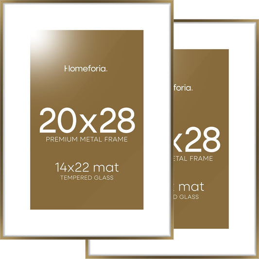 Homeforia Picture 20x28 Bronze Frame, High End Metal 20 x 28 Brass Poster Frames with Mat 14 x 22 for Photo, 20x28 Frame Matted to 14x22 Print, 28x20 Hanging Frames, Tempered Glass, Wall Kit, Set of 2