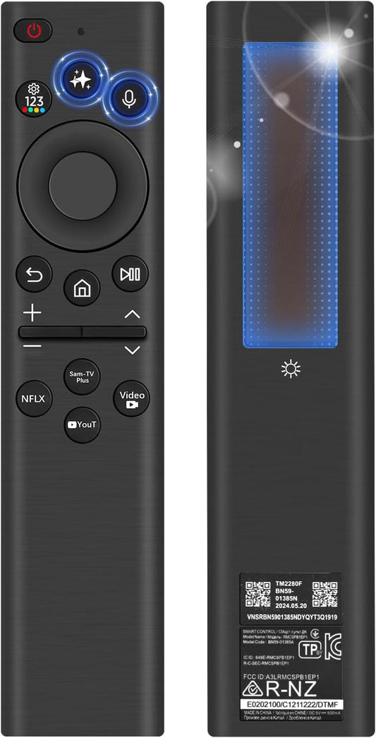 AI Solar Voice Remote Compatible with Samsung Smart TVs 2018–2025, Bluetooth Rechargeable Remote with Solar Charging, USB-C Port, Smart Assistant Control & App Shortcut Buttons
