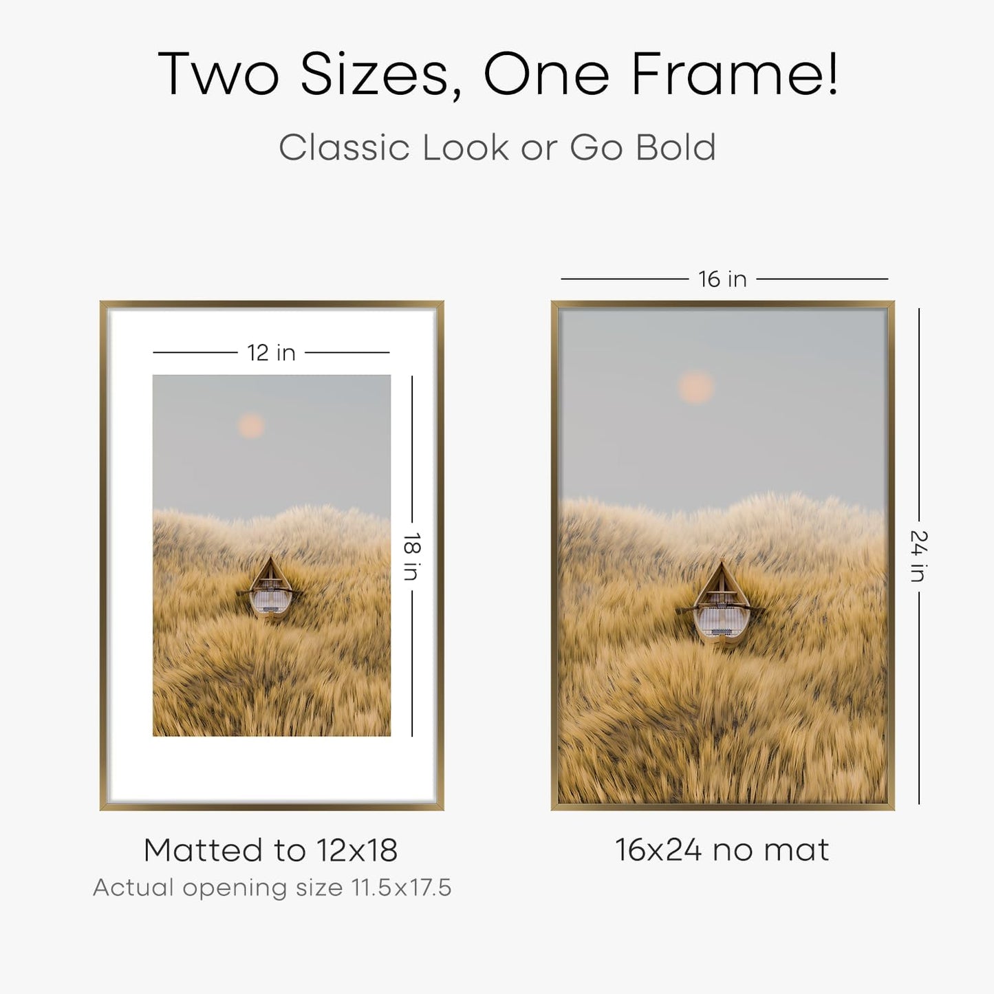 Homeforia 16 x 24 Bronze Frame, High End Metal 16x24 Brass Picture Frames with Mat 12x18 Photo, 16 x 24 Poster Frames Matted to 12 by 18 Print, 24x16 Hanging Frames, Tempered Glass, Wall Kit, Set of 3