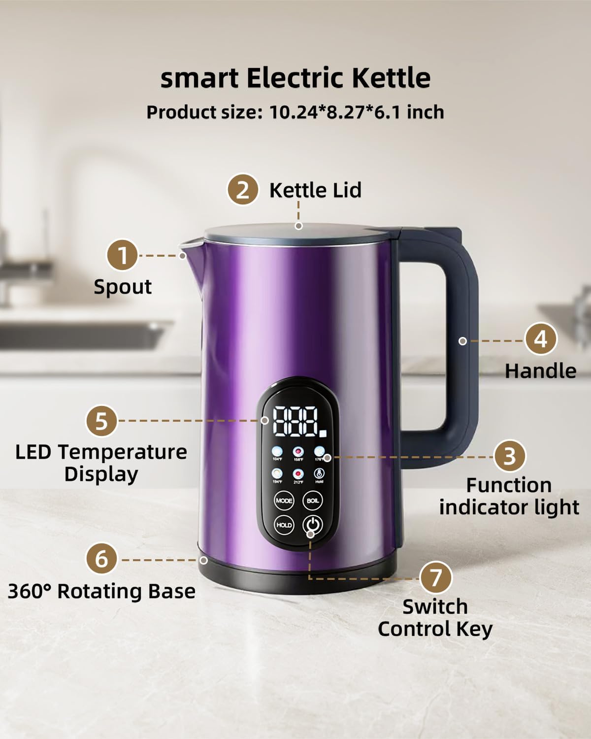 Tisania Smart Electric Kettle with Temp Control - 1.7L Cordless Kettle for Milk, Tea, Coffee, Baby Formula, 5 Presets & 2-Hour Keep Warm, Fast Boil Stainless Steel, Purple