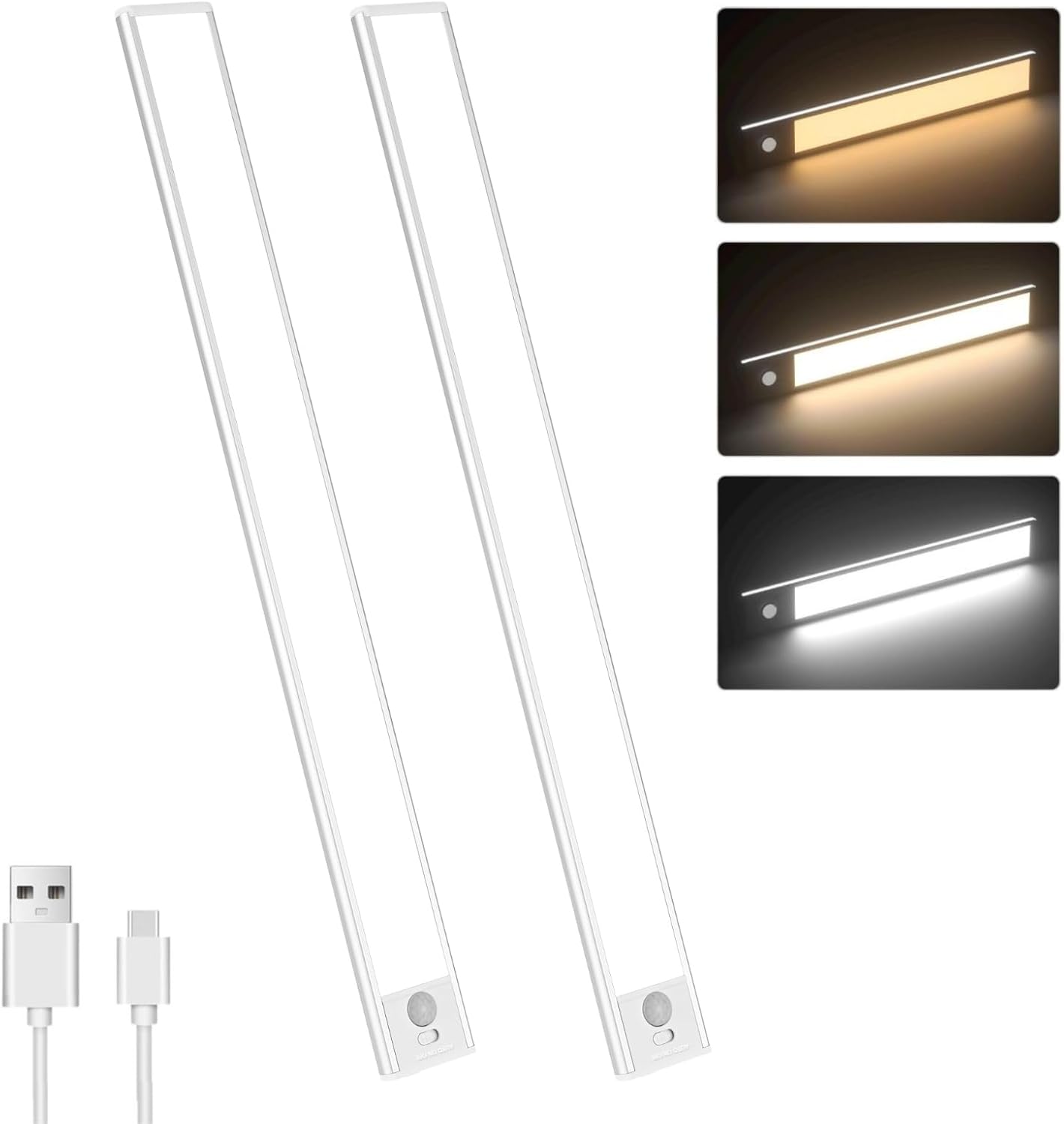 Motion Sensor Under Cabinet Lighting-Magnetic Rechargeable Closet Lights for Kitchen,Stairs,Wardrobe | 3-Color Dimmable LED Under Counter Lighting | Pro Battery Upgrade (2, 16 inch)