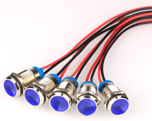 5pcs 10mm Energy-saving LED Metal Indicator Light AC/DC 12-24V Waterproof Signal Lamp with Wire(Blue)