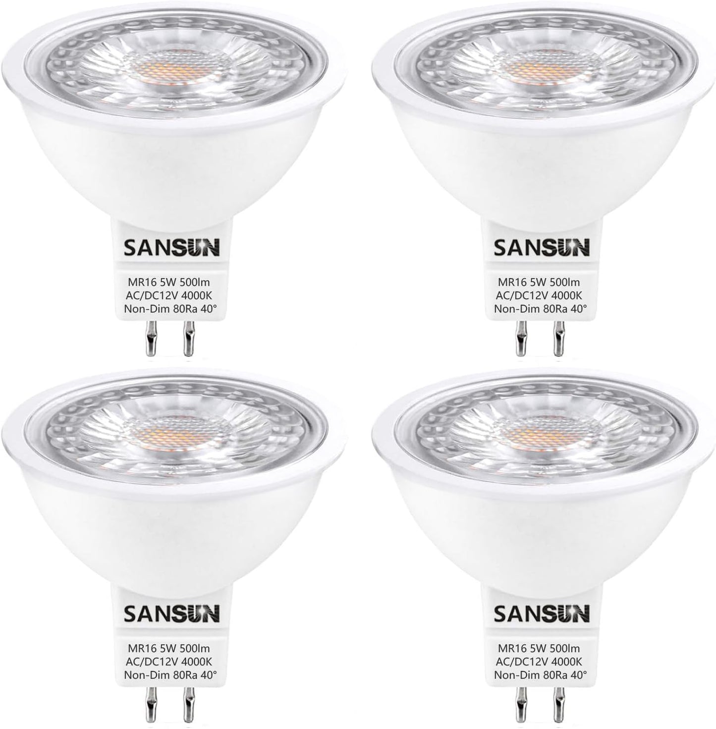 5W MR16 LED Landscape Light Bulbs, Low Voltage 12V 50W Halogen Replacement for Outdoor Landscape Spotlight and Track Light, GU5.3 Bi-Pin Base, Daylight White 4000K, Non-Dimmable, (Pack of 4)