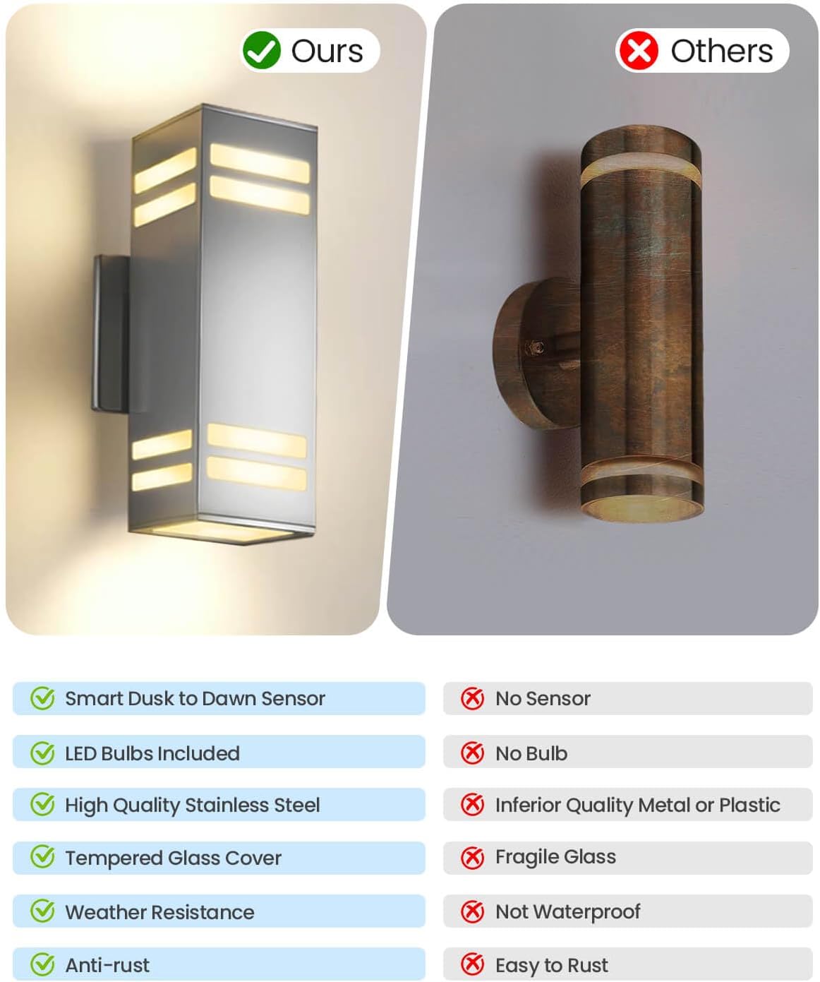 KIZON Modern Dusk to Dawn Outdoor Wall Light, Stainless Steel Up and Down Sconce with E26 Base, Includes 3000K Bulbs, Waterproof Exterior Lighting Fixture for House Porch Garage Entryway