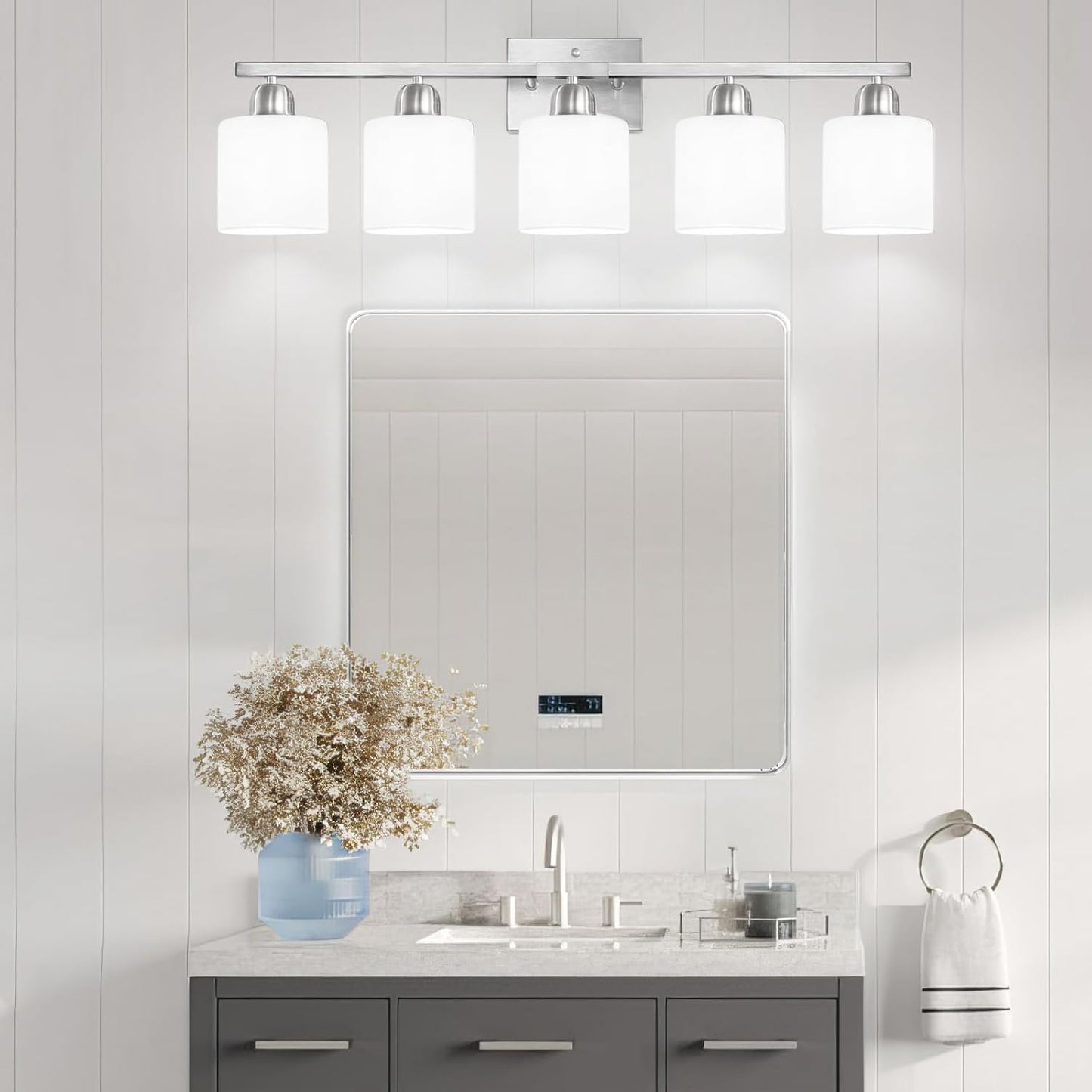 5 Light Bathroom Light Fixtures Brushed Nickel, Bathroom Vanity Light with Milky White Frosted Glass Shade, Vanity Lights for Mirror Bedroom Living Room E26 Base