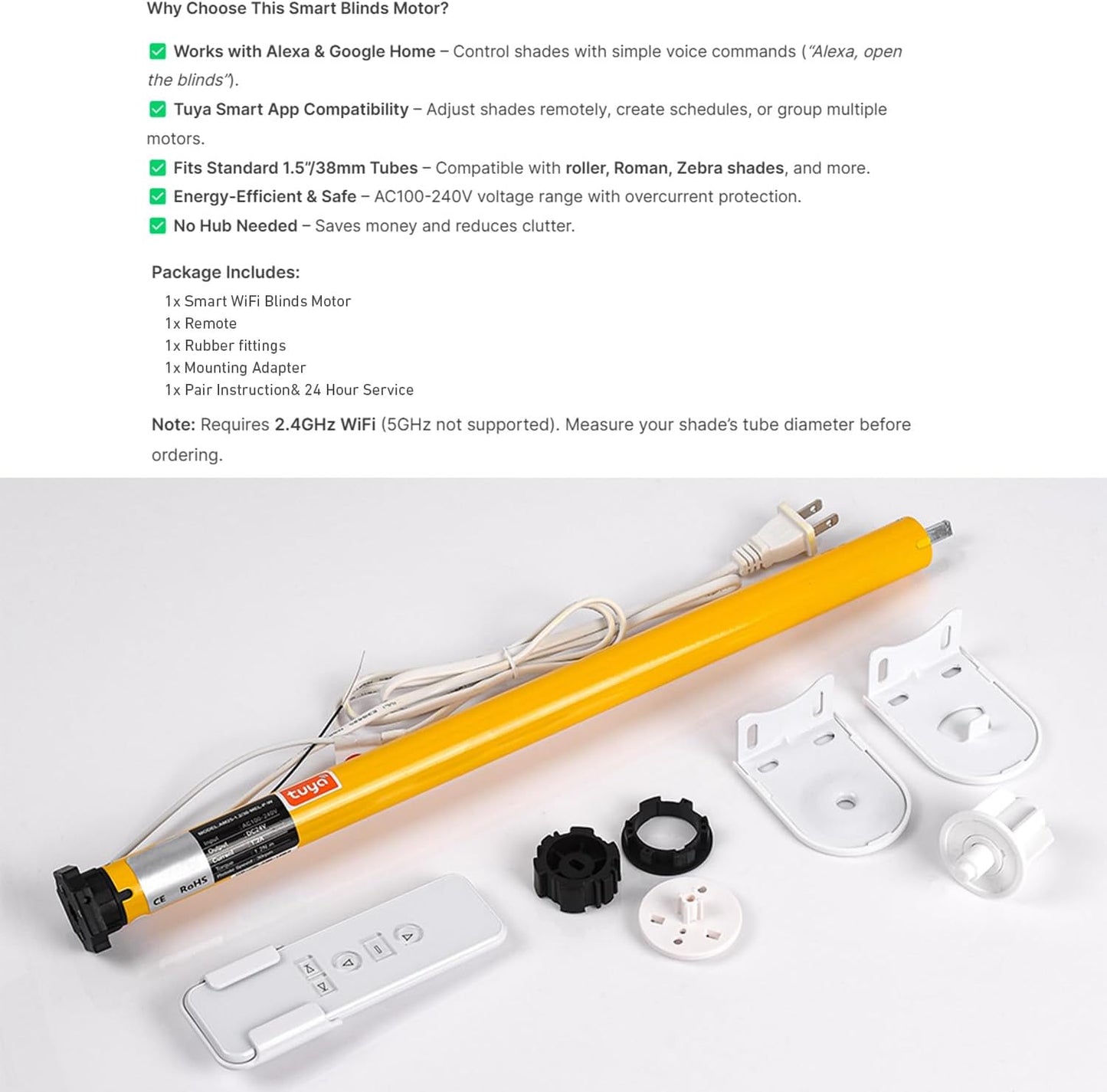Smart Tuya WiFi Blinds Motor, AC100-240V Plug-in for 1.5"/38mm Shade Tubes, Compatible with Alexa/Google Home, APP & Timer Control, No Hub Required - Idea for Zebra, Roman, Roller Shades