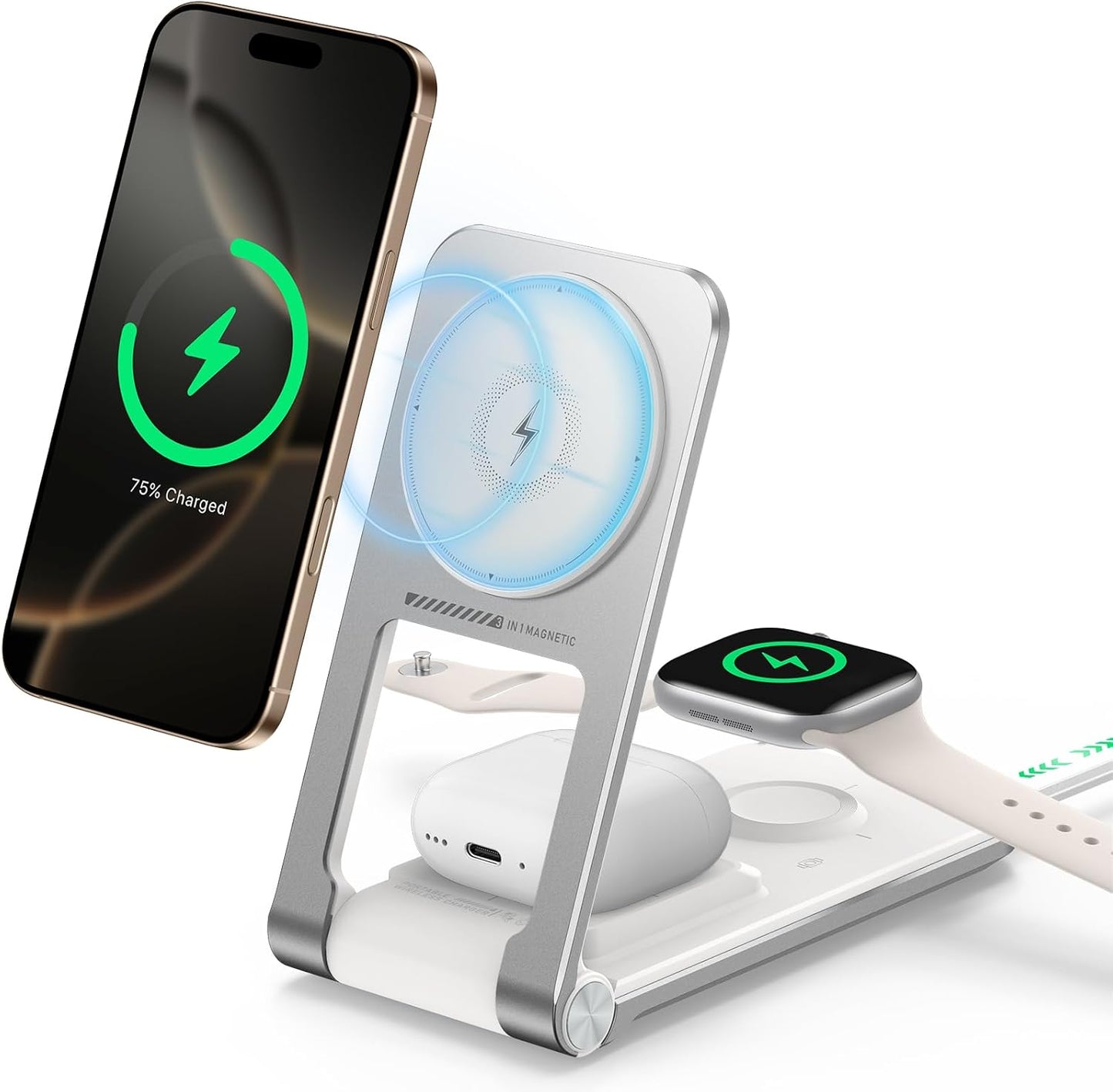 Wireless Mag-Safe Charger Stand for iPhone 17 Pro Max, 3 in 1 Charging Station for Multiple Devices, Metal Foldable Travel Charger for Apple Watch & AirPods, Built-in Retractable USB-C Cable, White