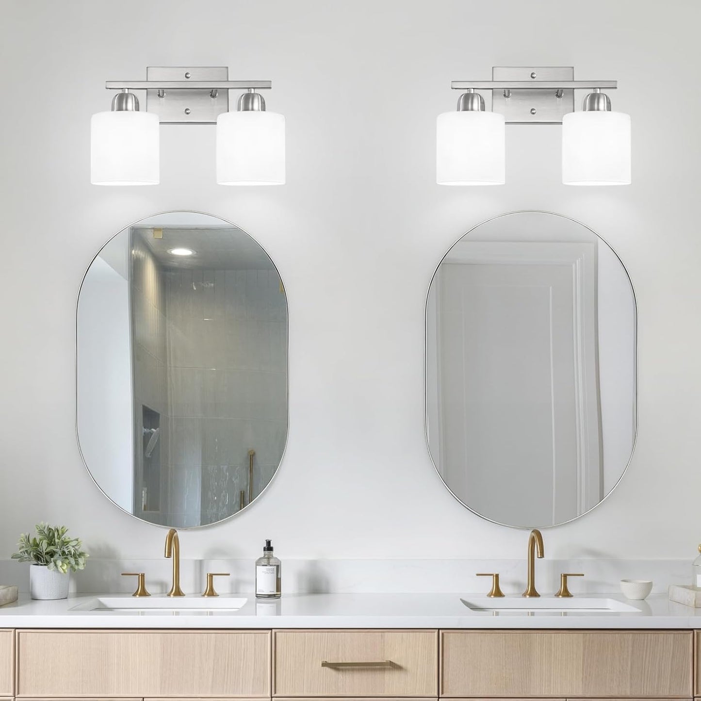 Brushed Nickel Bathroom Light, 2 Light Bathroom Vanity Light Brushed Nickel, Vanity Lamp with Milky White Frosted Glass Shades, E26 Socket