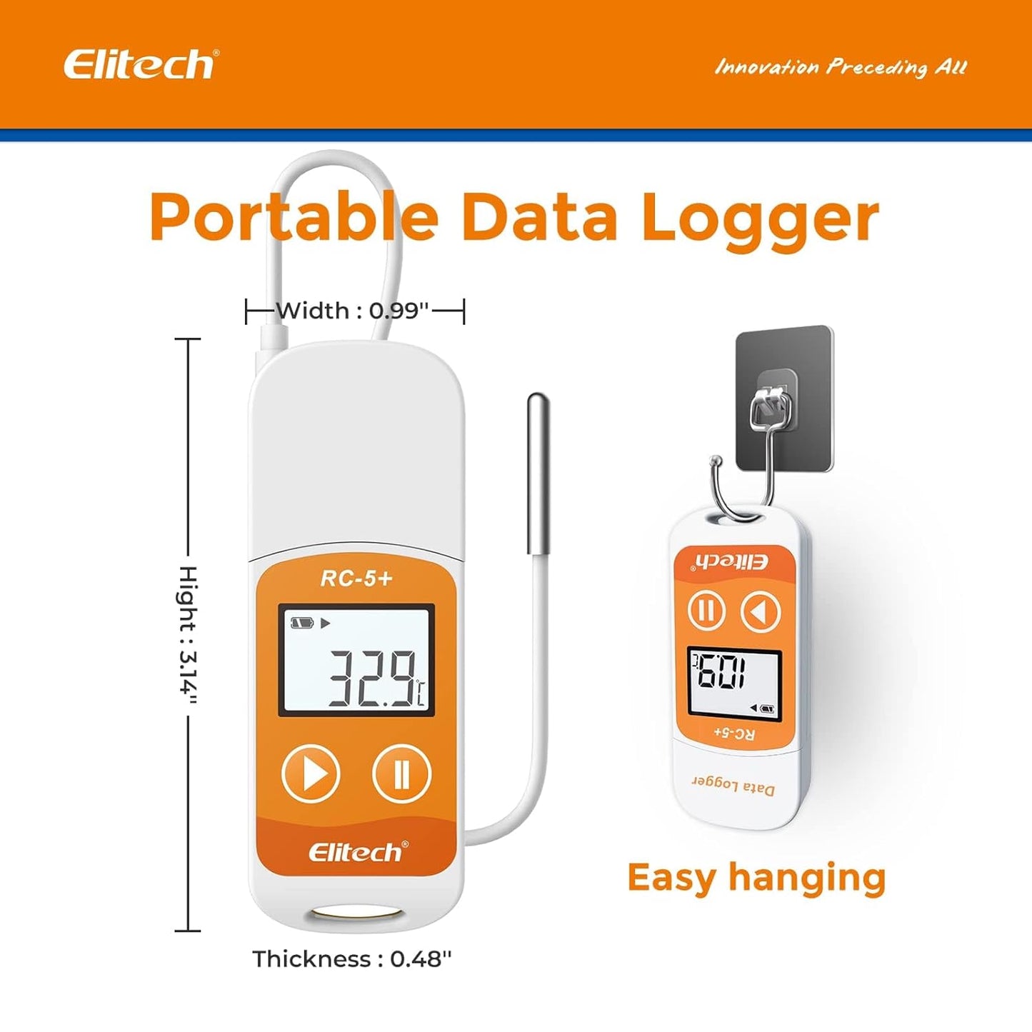 Elitech RC-5+ TE Digital PDF USB Temperature Data Logger Reusable Recorder Refrigerator Thermometer 32000 Points High Accuracy (Extra External Sensor)