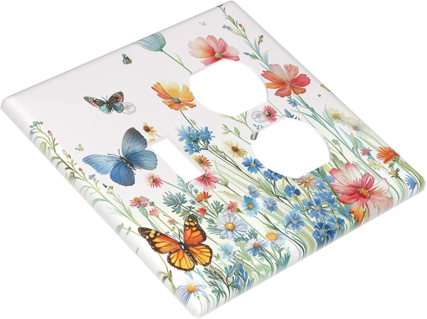 Decorative Outlet Covers Rustic Wildflower Blue Pink Floral Butterfly 2 Gang Light Switch Cover Plate Single Toggle Duplex Wall Plates for Electrical Outlets Switch Plate Covers for Home Decor