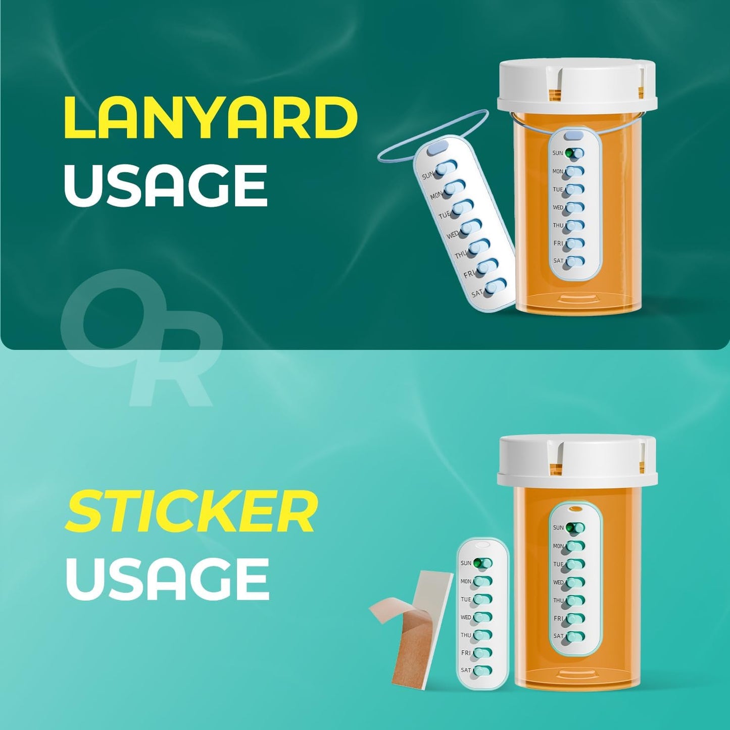 Odaro 4 Pack Pill Reminder, Lanyad or Sticker Pill Tracker, Work with Most Bottles, Reusable Medication Tracker Replacement of Vitamin Weekly (7 Day) Medicine Organizer