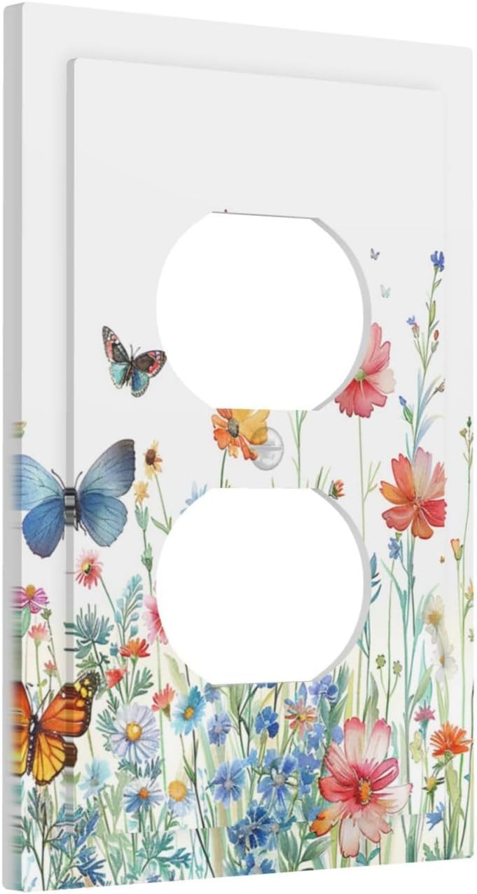 Decorative Outlet Covers Rustic Wildflower Blue Pink Floral Butterfly 1 Gang Duplex Light Switch Cover Plate Unique Wall Plates for Electrical Outlets Switch Plate Covers for Bedroom Decor
