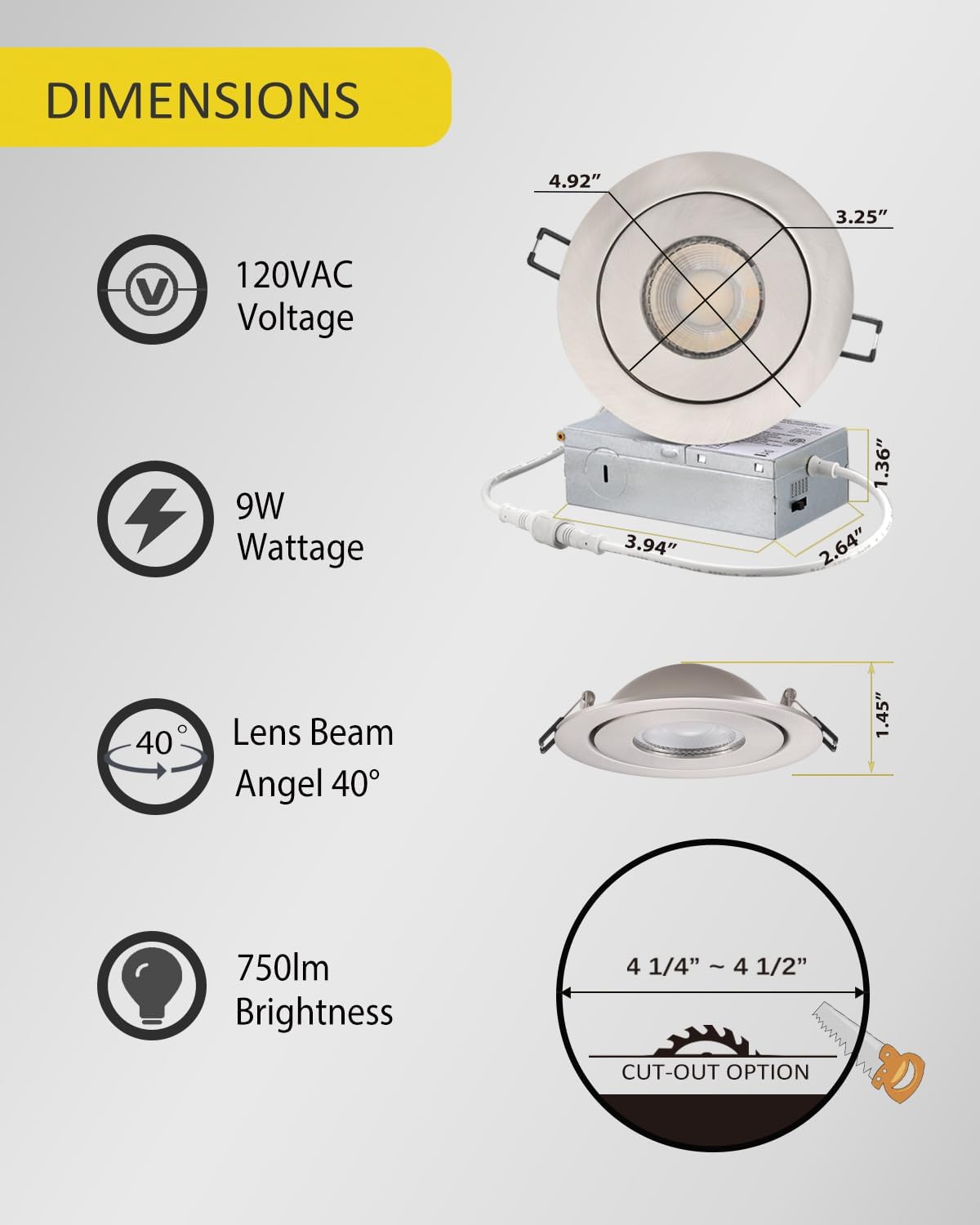 4-inch Gimbal LED Recessed - 4 in Lighting 6Pack Canless Brushed Nickel Trim 90° Tilt Swivel LED Eyeball Wafer Slope Ceiling Adjustable Spotlight Dimmable Brushed Nickel 4 inch 6 Pack