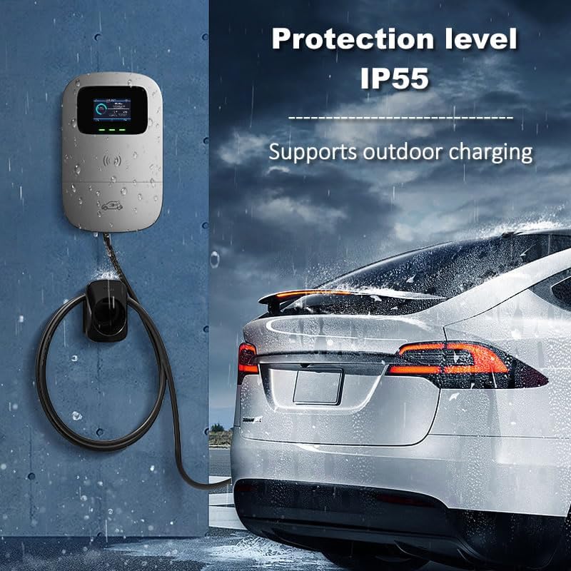 Smart EV Level 2 Charger, Electric Vehicle Charging Station, 110V-240V 32A Home Charger with LCD Display, Type 1 SAE J1772 Wall Connector, Hardwired Charger for Electric Car