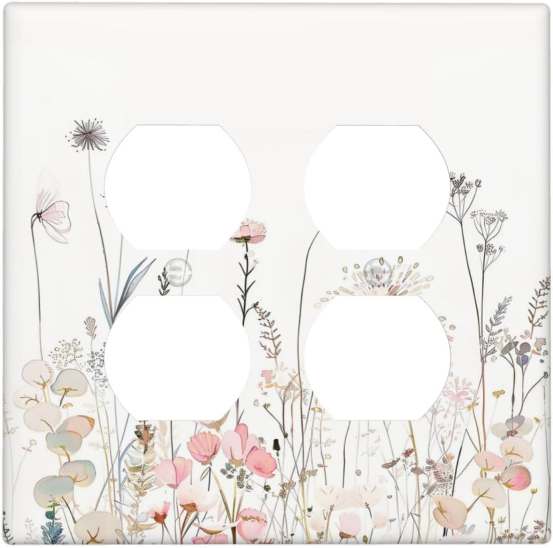 Floral Watercolor Wildflower Dandelion Plant Outlet Covers 2 Gang Double Duplex Decorative Light Switch Covers Electrical Wallplates Socket Faceplate for Farmhouse Bed Room Decor