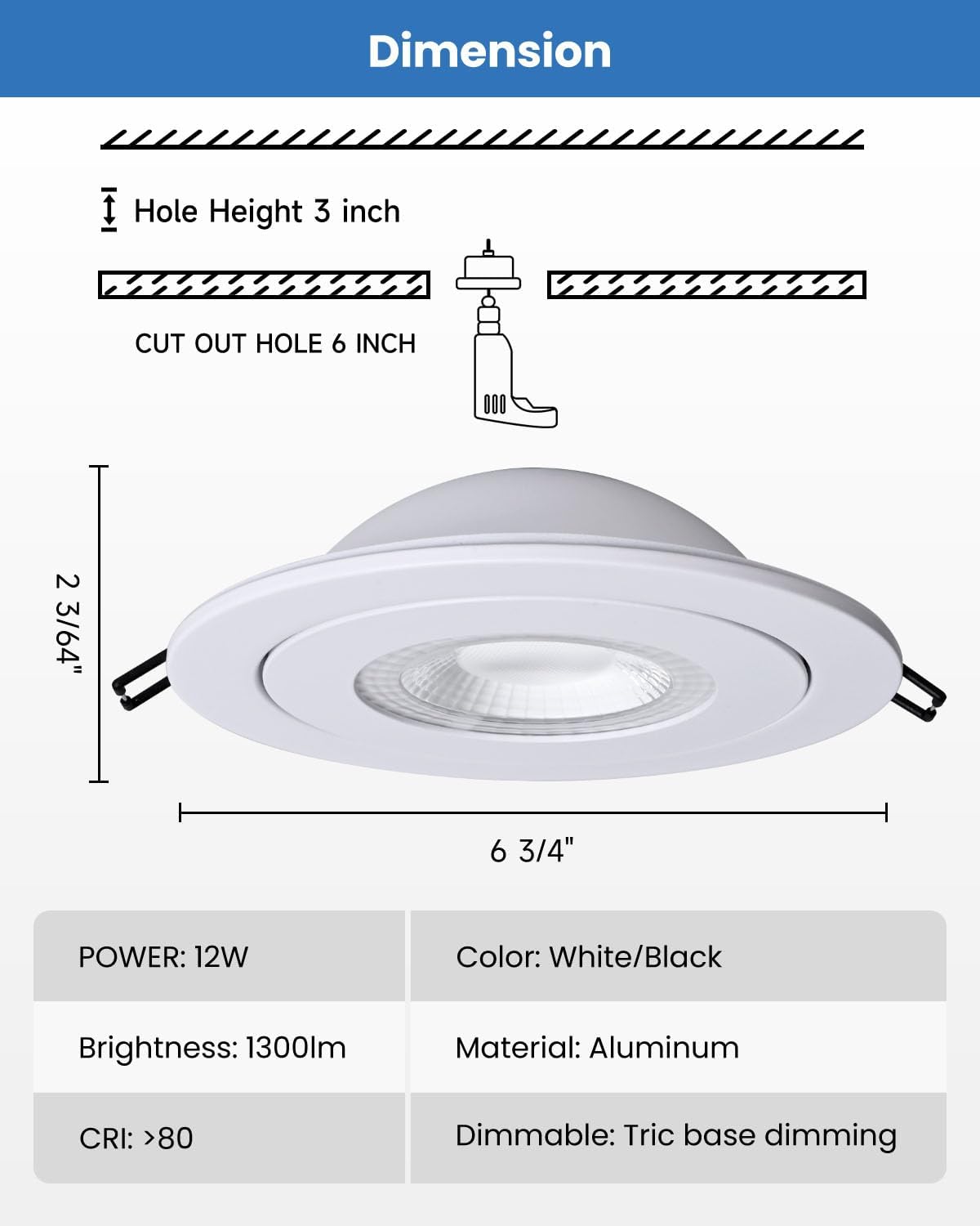 6-Inch Gimbal Recessed Light - 12W 90° Tilt & 360° Rotation, 5CCT (2700K-5000K), IC Rated LED Eyeball Recessed Lighting, for Sloped Ceilings, Soffit Light, Hallyway，Kitchens, White 6 Pack
