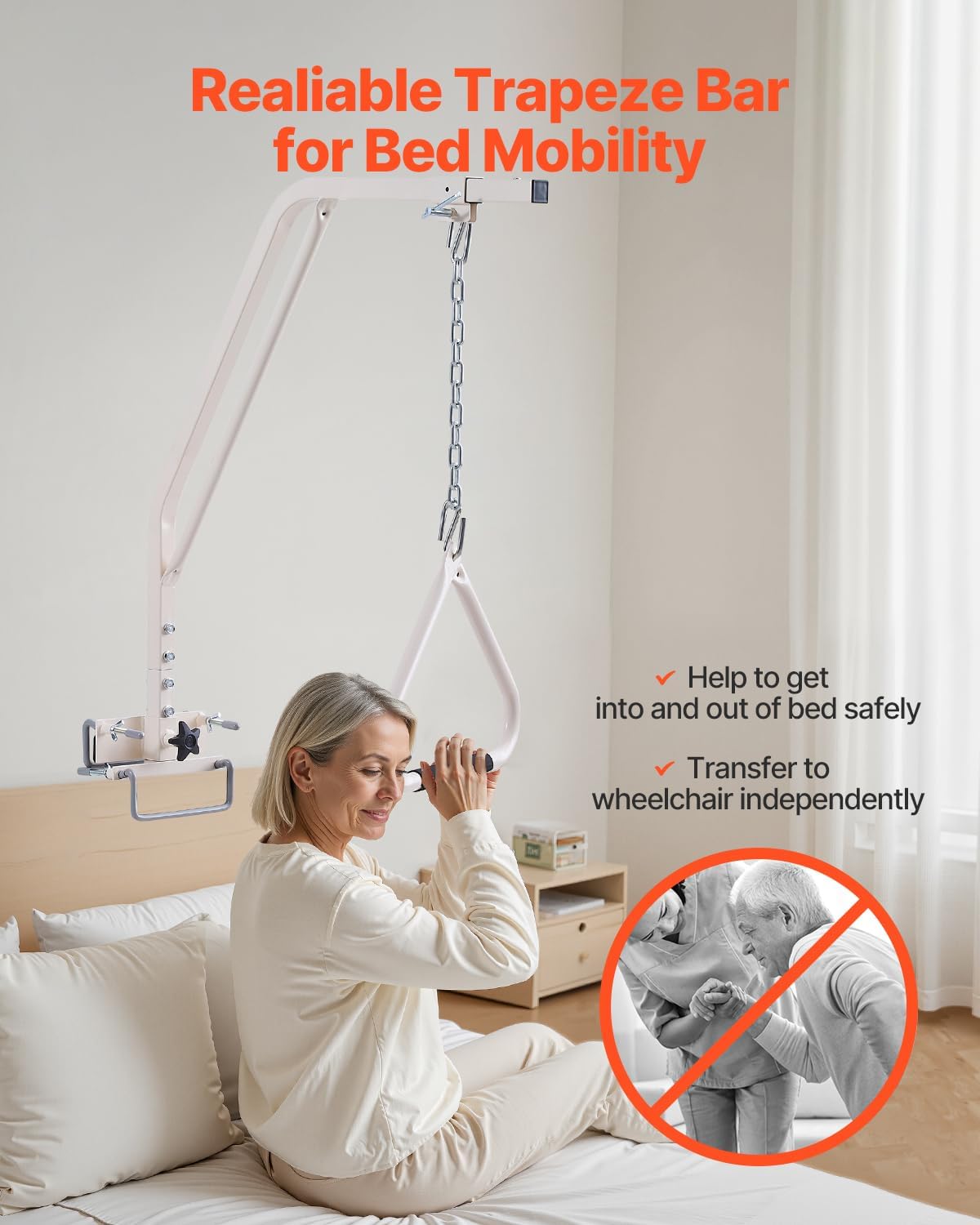 VEVOR Trapeze Bar for Bed Mobility, Medical Bed Trapeze with Clamps & Metal Chain, 250LBS Weight Capacity Beds Pull Up Assist for Elderly & Disabled, Ideal for Home Care, Hospitals, Nursing Homes