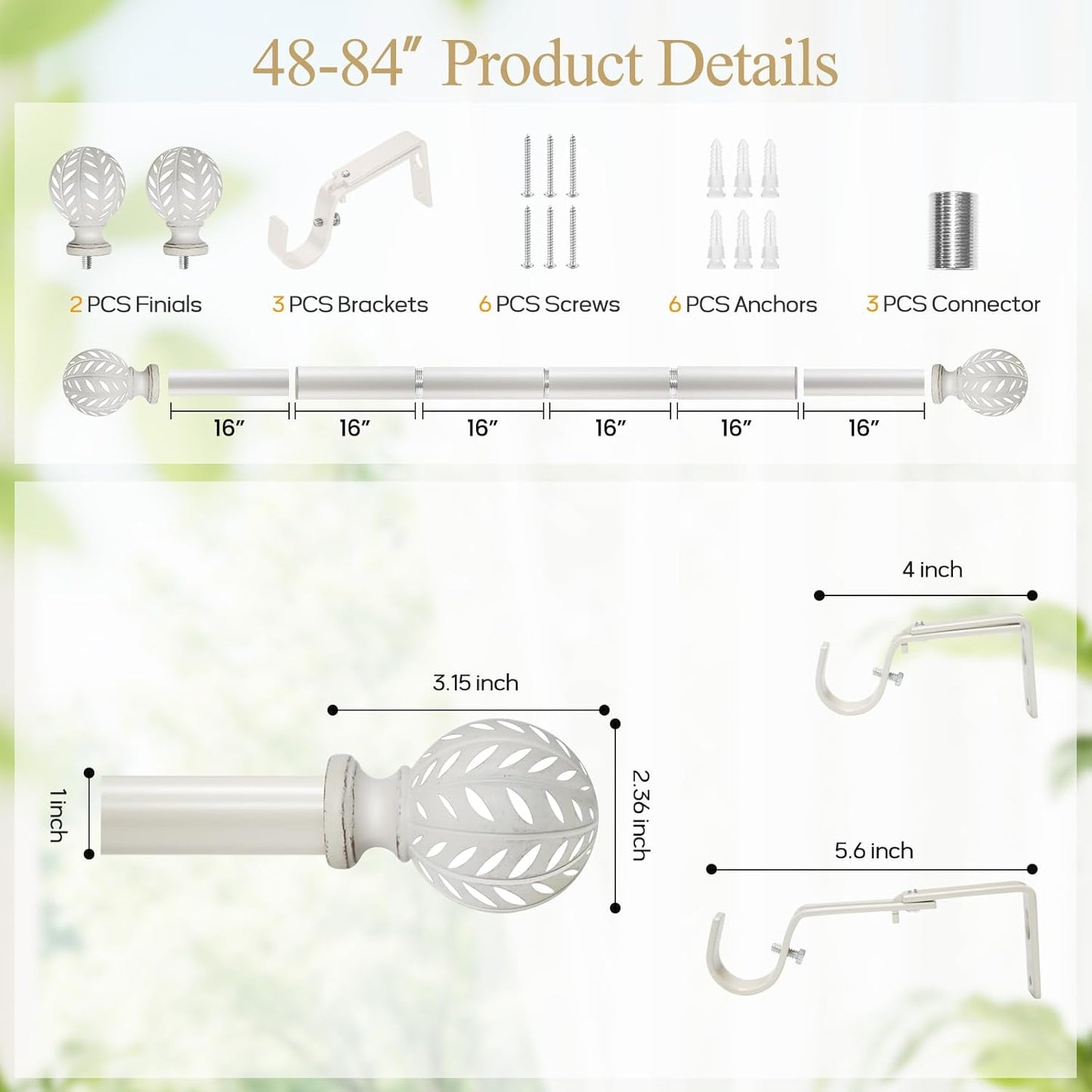 Weathered White Curtain Rod for Windows 48 to 84 Inches(4-7 ft)，1'' Diameter Heavy Duty Adjustable Curtain Rod with Leaf Pattern Finials - for Living Room, Bedroom,etc 36-88''