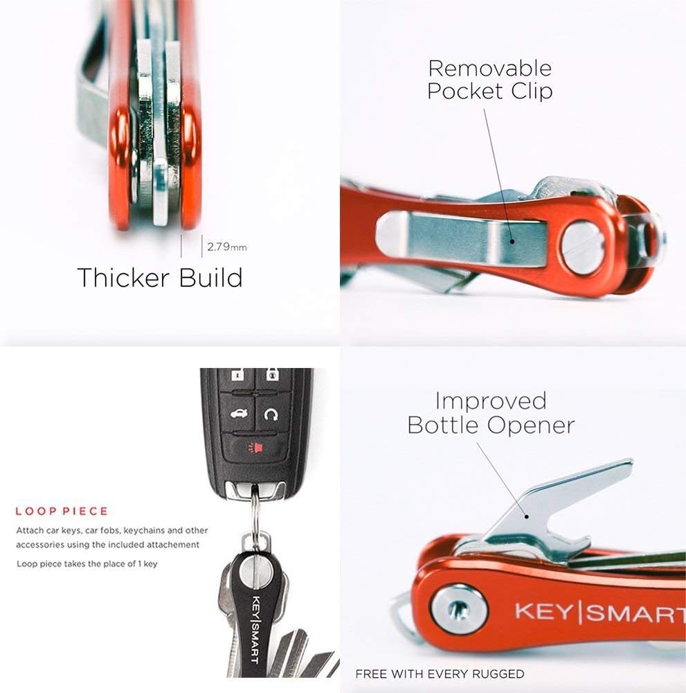 KeySmart Rugged - Multitool Key Holder for Keychain w/Bottle Opener and Pocket Clip, Key Organizer for Key Chain, EDC Keychains, Key Ring for Car Fobs Key Chains, Expandable (Up to 14 Keys, Red)