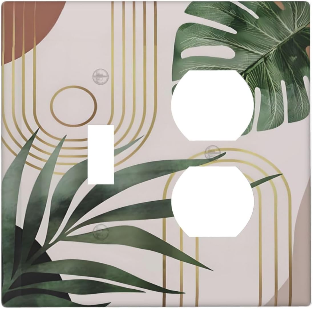Decorative Outlet Covers Boho Mid Century Abstract Arch Green Leaves 2 Gang Wall Plate Single Toggle Duplex Light Switch Cover Switch Plate Covers for Bedroom Home Decor