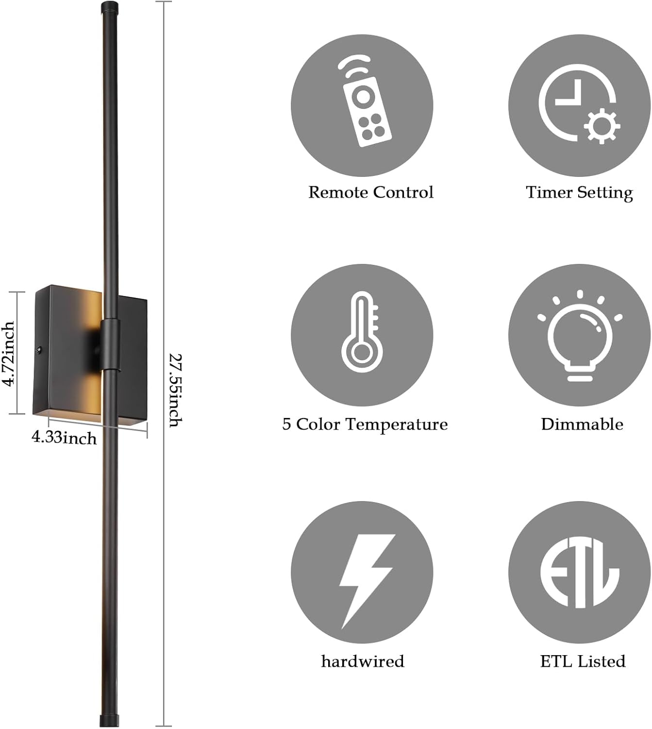 LED Wall Sconces with Remote Control, 5 Colors 3000K-6500K & Dimmable, Hardwire Wall Light with Timer & Night Light, LED Black Wall Lamps for Living Room, Bedroom, 27.55 Inch