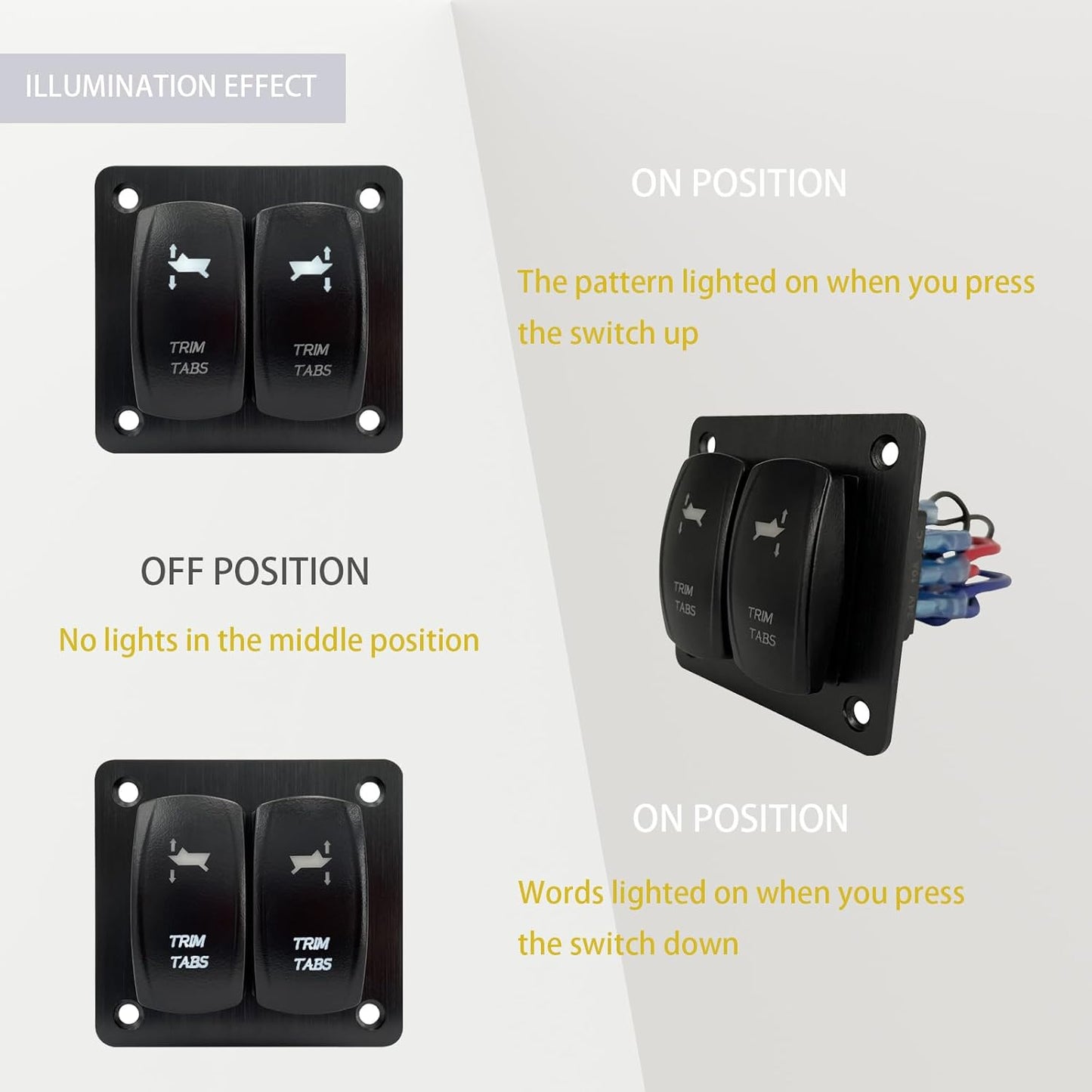 White Led Trim Tabs Panel (ON)-Off-(ON) Momentary Rocker Switch Panel 3 Way Toggle Switch Panel for Marine Boat Pontoon Yacht Console 12V/20A 24V/10A Waterproof IP68