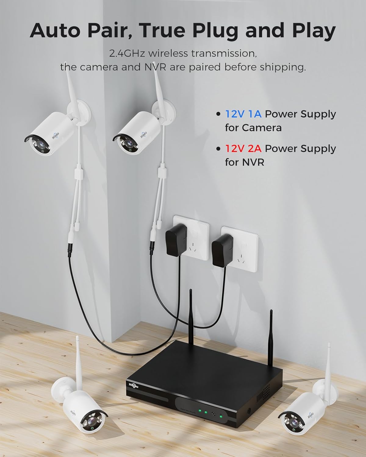 [100ft] Hiseeu Wireless WiFi Security Camera System, Wired Plug-in Powered, Expandable 16CH 4K NVR, 4Pcs 3MP Night Vision Cameras Home Surveillance Outdoor, Motion Detection, 1TB HDD, One-Way Audio