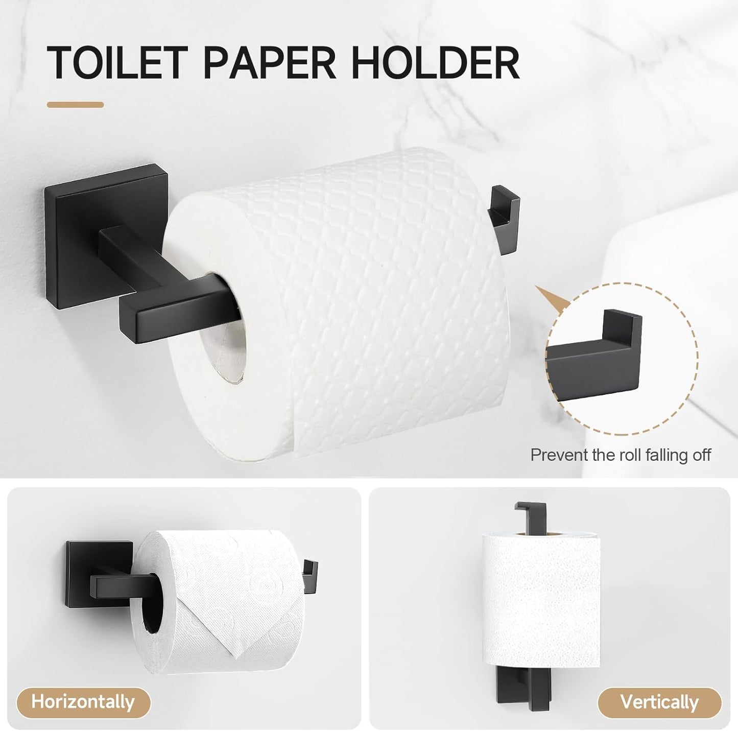 TQKAG 7-Pieces Matte Black Bathroom Hardware Accessories Set 23.6" SUS304 Stainless Steel Towel Bar Set Toilet Paper Spare Rolls Storage Holder Wall Mounted