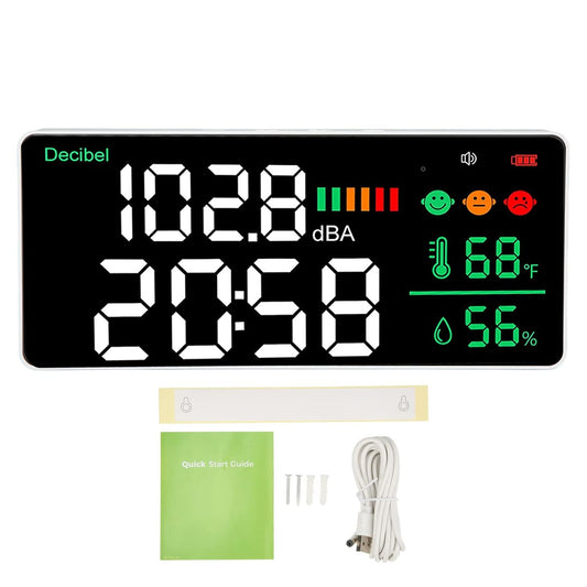 Decibel Meter 11 Inch LED Screen, Wall Mounted Sound Level Reader 30 to 130db, Time Temperature Humidity Display - Sensor, Adjustable Brightness, Ideal for Noise