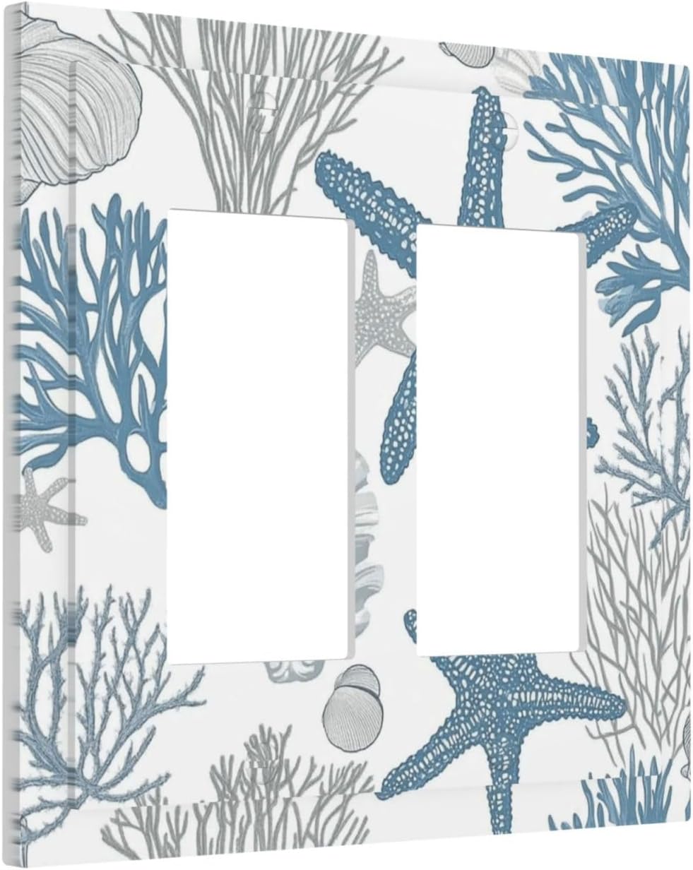 Blue Starfish Nautical Beach Conch Coastal Coral Shell Decorative Outlet Covers 2 Gang Double Gfci Rocker Electrical Wall Panels Light Switch Cover Plate For Kids Room Bathroom Decor