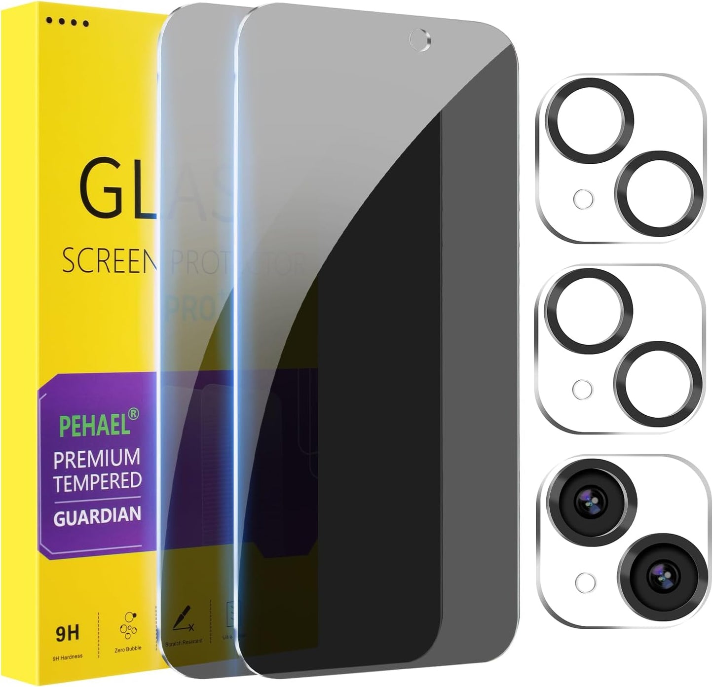 PEHAEL 2+2Pack for iPhone 15 Privacy Screen Protector with Camera Lens Protector Full Coverage Anti-Spy Tempered Glass Film 9H Hardness Easy Installation Bubble Free [6.1 inch]