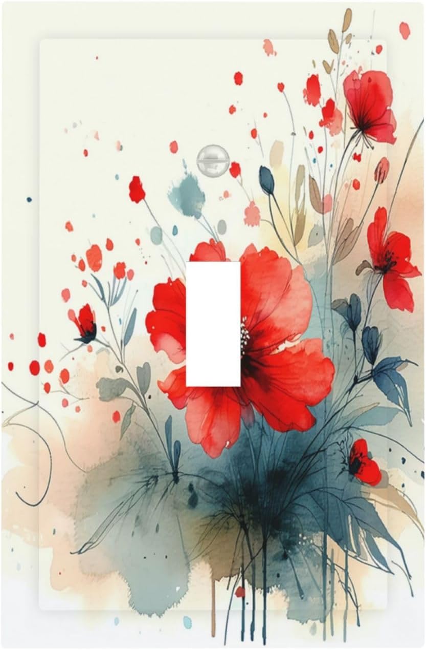Vintage Floral Red Watercolor Modern Decorative Light Switch Cover 1 Gang Single Toggle Decorator Outlet Wall Plate Device Electrical Faceplate Switchplates for Bedroom Bathroom Decor