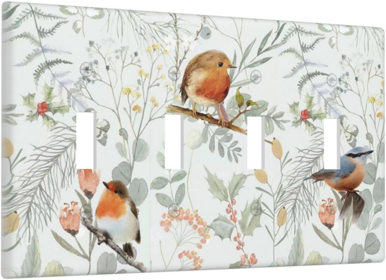 Light Switch Covers Red Floral Berries Colorful Bird Plant Quad Toggle Electrical Faceplate 4 Gang Wall Plate Decorative Switch Plates For Bed Room Living Room Decor