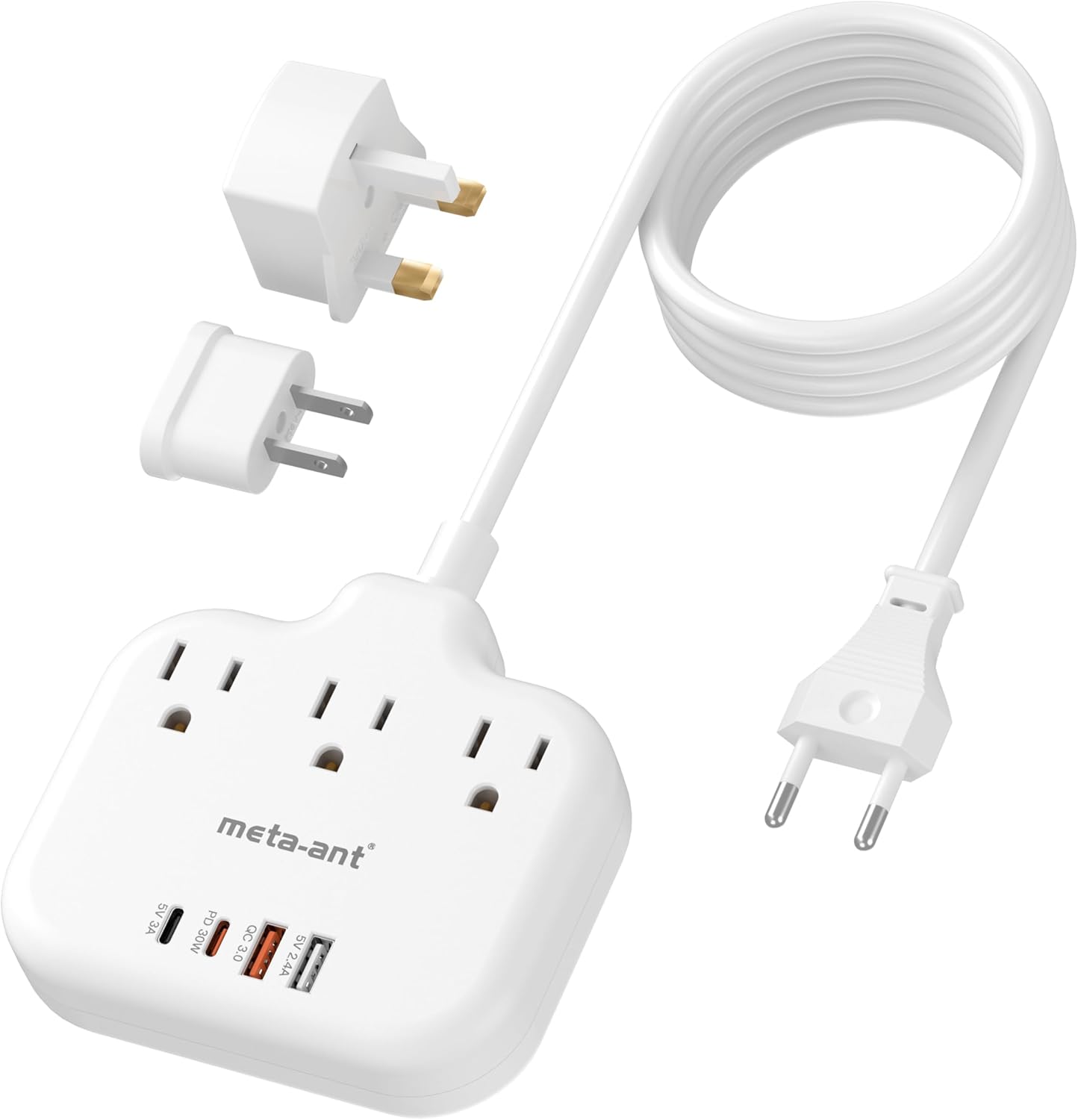 PD30W European Travel Plug Adapter, International Power Strip with 3 Outlets 4 USB Ports(2 USB-C), Universal Travel Adapter with 5ft Extension Cord for EU US UK Europe France Spain