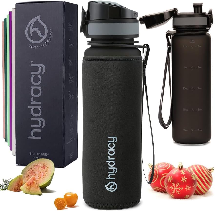 Hydracy Water Bottle with Time Marker -Large BPA Free Water Bottle & No Sweat Sleeve -Leak Proof Gym Bottle with Fruit Infuser Strainer & Times to Drink -Ideal for Fitness Sports & Outdoors