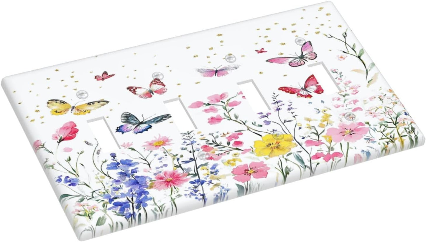 Light Switch Covers Watercolor Floral Butterfly Colorful Wildflower Quad Toggle Electrical Faceplate 4 Gang Wall Plate Decorative Switch Plates For Bed Room Living Room Decor