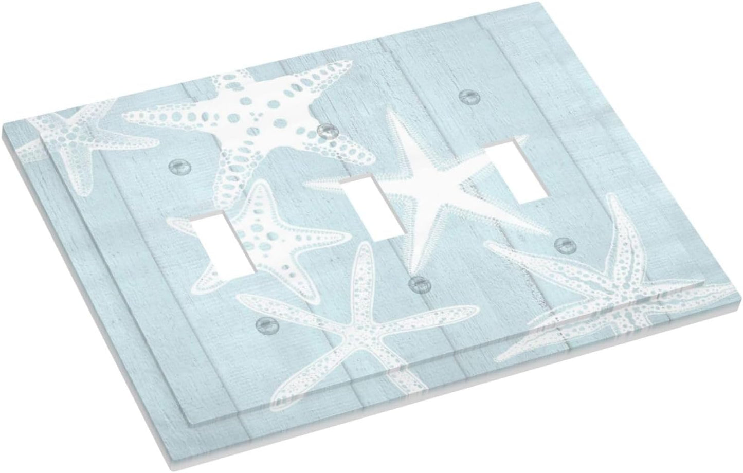 Beach Starfish Vintage Wood Rustic Country Ocean Decorative Switch Plates 3 Gang Wall Plate Triple Toggle Light Switch Cover Faceplate Electrical Wall Panels for Farmhouse Kids Room Decor