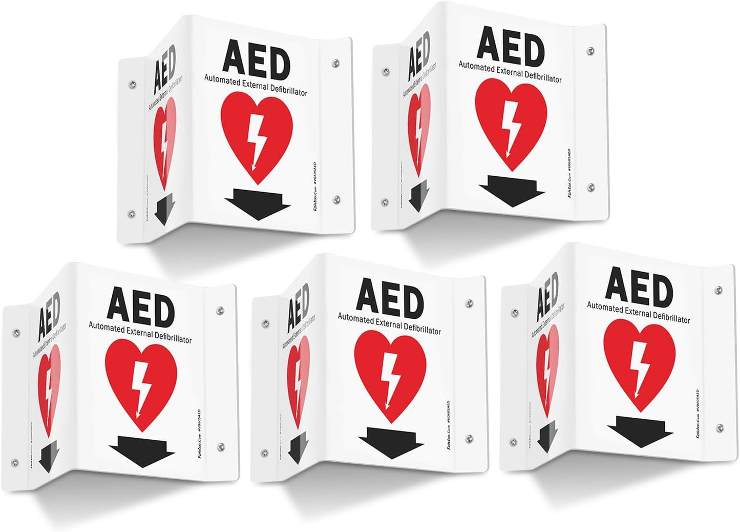 Faittoo AED Sign, AED with Down Arrow - 5 Pack 6 x 8 Inches V-Shaped Acrylic Plastic, 4 Pre-Drilled Holes, Includes Matching Screws, Use for Home Office/Business