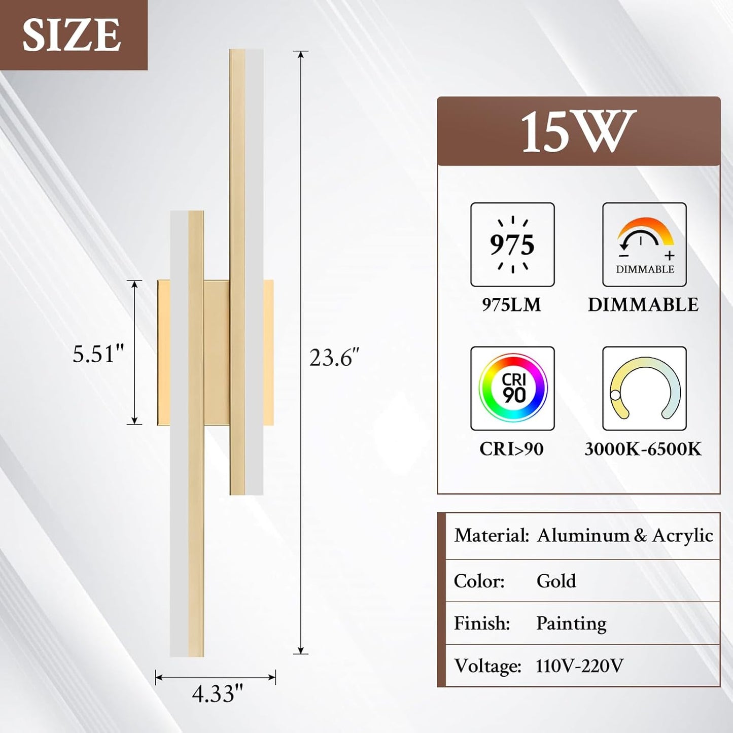 LED Wall Sconce Set of 2 Gold Remote Modern LED Vanity Lights Set of 2 Indoor Wall Light Fixtures for Living Room, Dimmable Wall Sconce for Bedside Bedroom Bathroom, 23.6inch 2 Pack