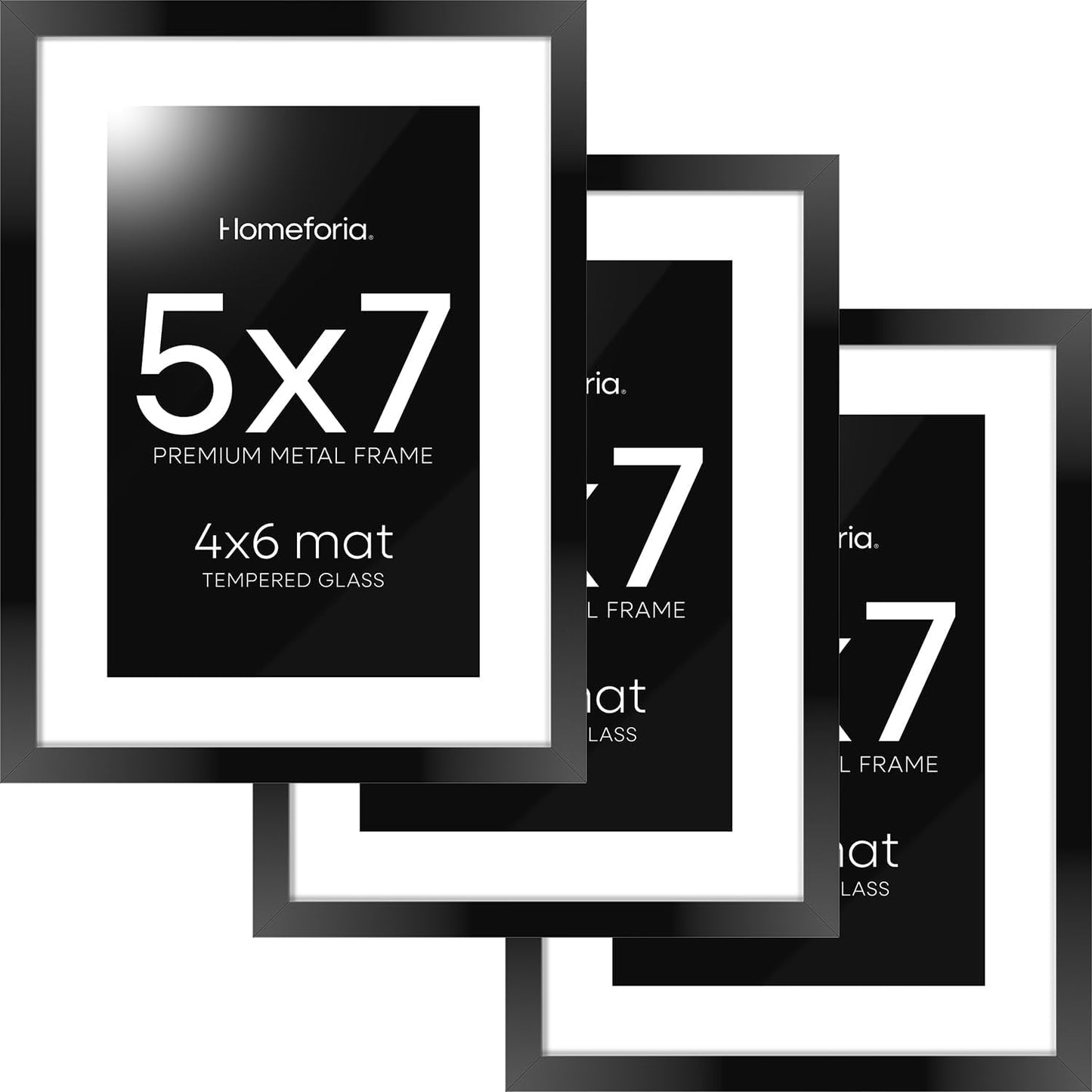 Homeforia 5x7 Picture Frame Black, High End Metal 5 x 7 Black Frames with Mat 4 x 6 for Art, 5x7 Desk Frame Matted to 4x6 inch Photo, 5 by 7 Wall or Tabletop Frames, Tempered Glass, Wall Kit, Set of 3